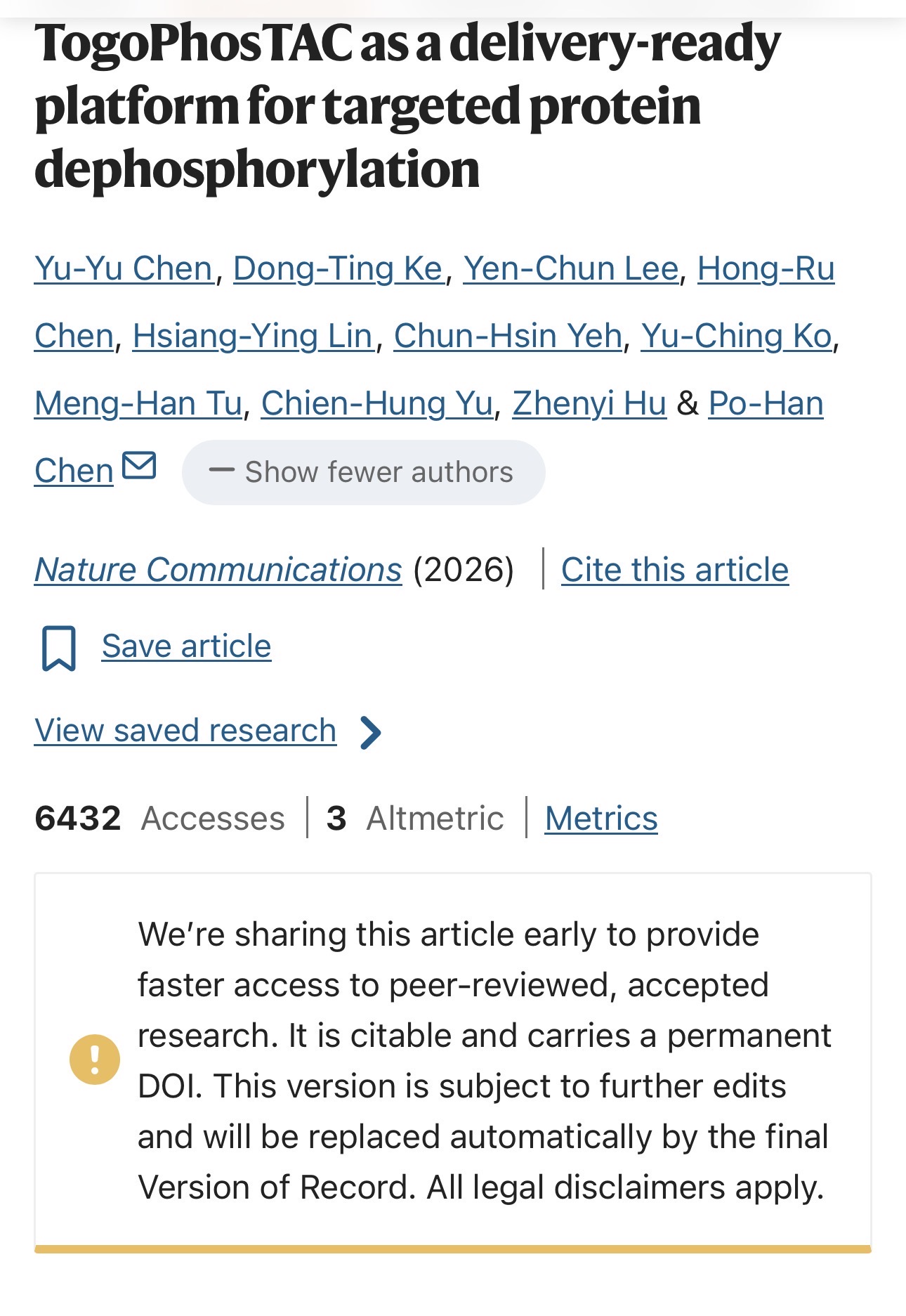 成大生化所助理教授陳伯翰團隊,極具開創性的研發成果刊登在全球頂尖的《自然通訊》期刊。