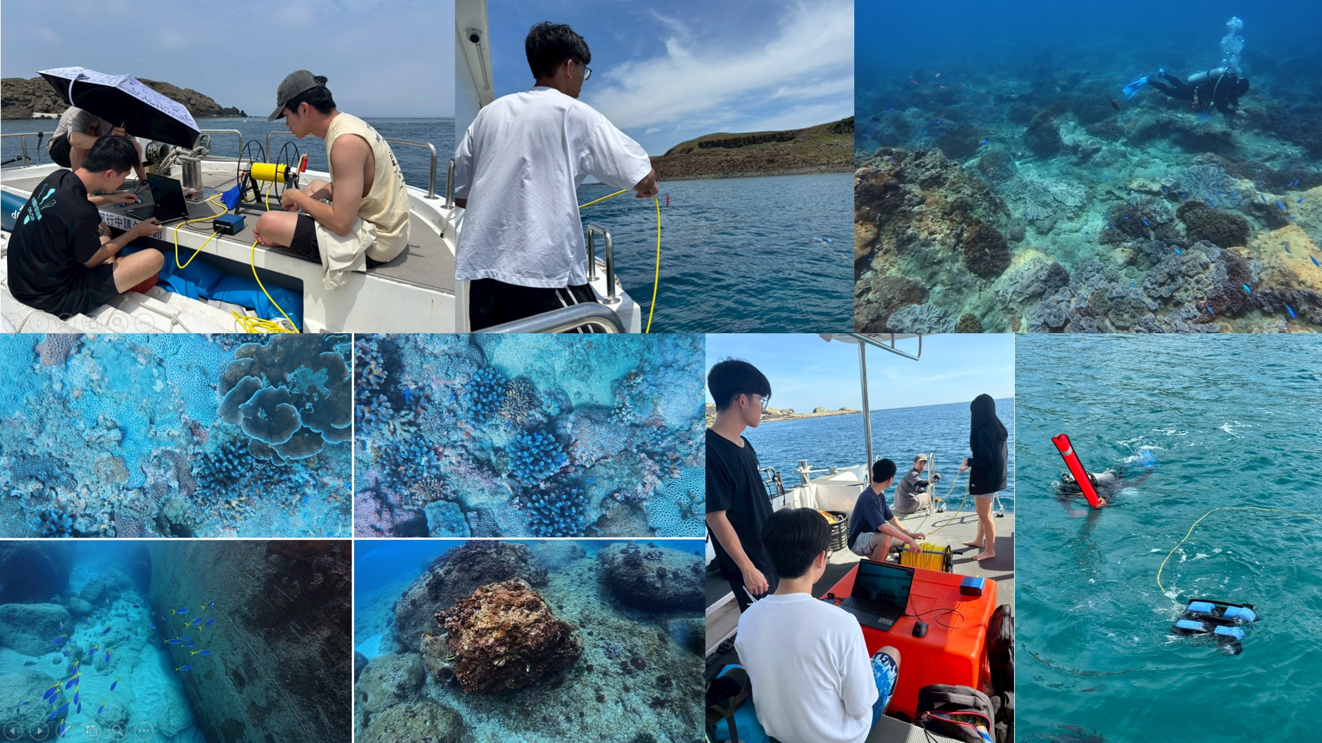 團隊運用遙控水下無人載具(ROV)、自主式水下無人載具(AUV)、無人水面載具(USV)及 AI 影像分析技術,發展水下影像增強與智慧控制方法,提升海域資料蒐集、辨識與分析能力。