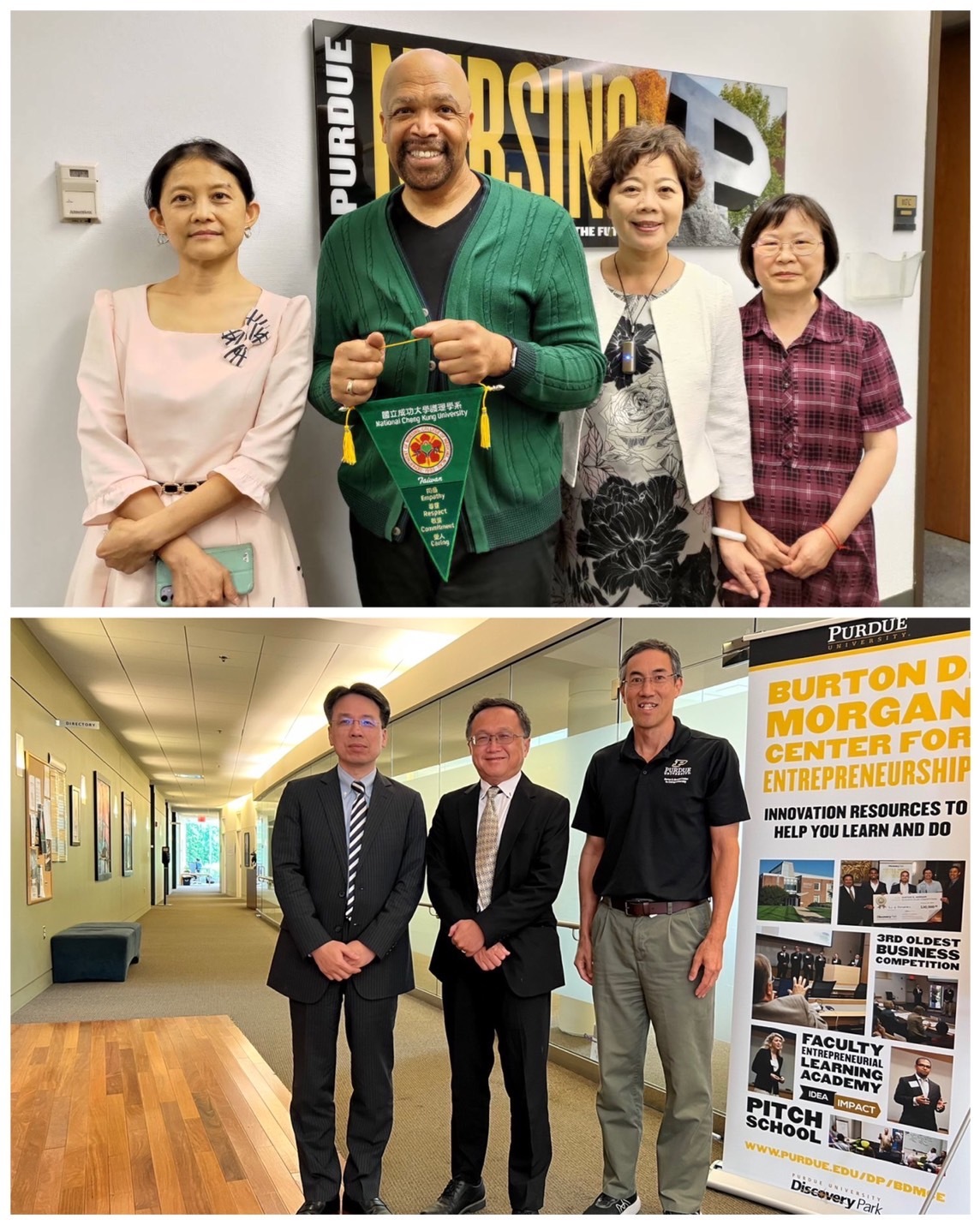 【護理與產學創新】上:成大護理系教授林靜蘭(左1)、林梅鳳(右2)、陳幸眉(右1)至普渡大學護理系交流;下:產學創新總中心主任葉明龍(中)與組長侯明欽(左)參訪Burton D. Morgan Center for Entrepreneurship