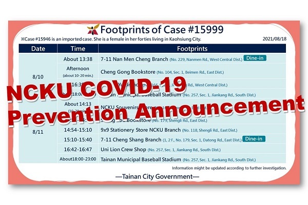 【Announcement】 NCKU Encourages Working from Home for Those with Overlapping Footprint with Confirmed Case