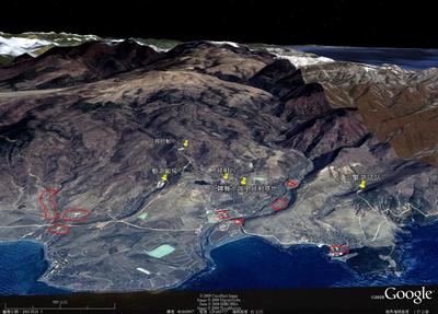 圖2：將2009/4/5兩公尺解析度的福衛二號彩色融合影像與Google Earth平結合，以立體方式呈現火箭發射場附近地形起伏變化。